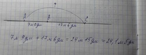 Отрезки AB и BC расположены один за другим на прямой. AB = 7 м 9 дм, BC = 17 м 6 дм. Определите расп