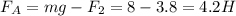 F_{A} = mg - F_{2} = 8 - 3.8 = 4.2 H