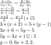 \frac{x-x_{1} }{x_{2} -x_{1} } =\frac{y-y_{1} }{y_{2}-y_{1} }\\\frac{x-(-2)}{3-(-2)} =\frac{y-1}{4-1}\\\frac{x+2}{5} =\frac{y-1}{3} |*15\\3*(x+2)=5*(y-1)\\3x+6=5y-5\\5y=3x+11|:5\\y=0,6x+2,2.