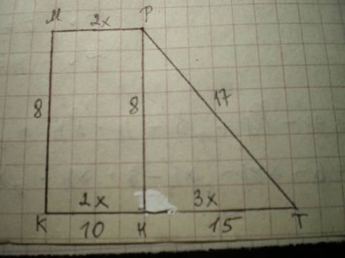 Бічні сторони прямокутної трапеції дорівнюють 17см і 8см, а її основи відносяться як 2 : 5. Знайти п