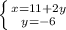 \left \{ {{x=11+2y} \atop {y=-6}} \right.