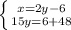 \left \{ {{x=2y-6} \atop {15y=6+48}} \right.