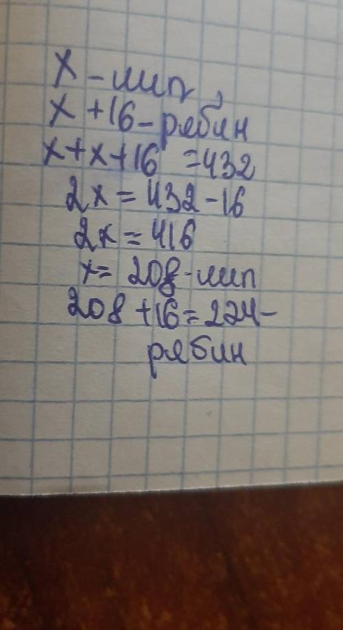 Решите задачу: 1.Весной в парке посадили липы и рябины, всего 432 дерева. Лип на 16 меньше, чем