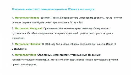 Сопоставь известного священнослужителя XV века и его заслуги1) Митрополит Феодосий2) Митрополит Исид