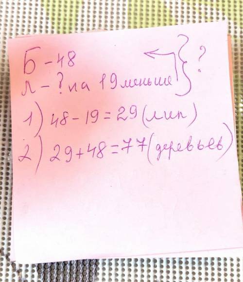 В парке растёт 48 берез, а лип на 19 меньше. Сколько всего деревьев растёт в парке? Решать по действ