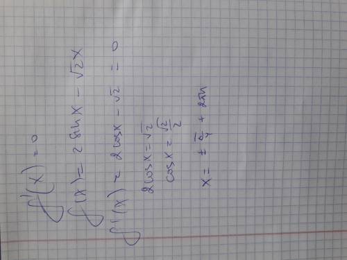 Розв’яжіть рівняння f'(х) = 0, якщо f(х) = 2sinх - √2х.