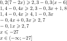 0,2(7-2x)\geqslant 2,3-0,3(x-6)\\1,4-0,4x\geqslant 2,3-0,3x+1,8\\1,4-0,4x\geqslant 4,1-0,3x\\-0,4x+0,3x\geqslant 2,7\\-0,1x\geqslant 2,7\\x \leqslant -27\\x \in (-\infty;-27]