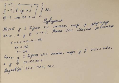 У трьох бідонах 92л молока ,причому у другому бідоні молока вдвічі більше, а у третьому - на 4л мень