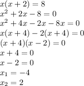 x(x+2)=8\\x^2+2x-8=0\\x^2+4x-2x-8x=0\\x(x+4)-2(x+4)=0\\(x+4)(x-2)=0\\x+4=0\\x-2=0\\x_1=-4\\x_2=2