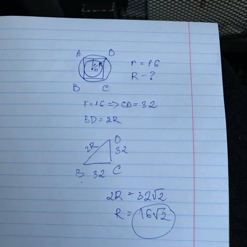 Около окружности, радиус которой равен 16, описан квадрат. Найдите радиус окружности, описанного око