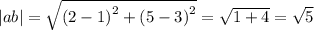 |ab| = \sqrt{ {(2 - 1)}^{2} + {(5 - 3)}^{2} } = \sqrt{1 + 4} = \sqrt{5}