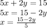 5x + 2y = 15\\5x = 15-2y\\x=\frac{15-2y}{5}