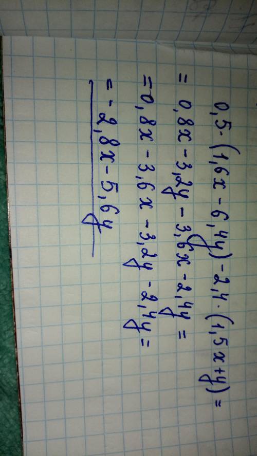 заранее с вираз і знайдіть його значення 0,5(1,6x-6,4y)-2,4(1,5x+y)якщо, x= -1; y= 0​