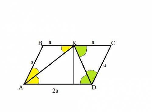 В параллелограмме ABCD биссектрисы углов A и D пересекаются в точке К,которая принадлежит стороне ВС