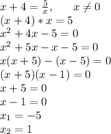 x+4=\frac{5}{x},~~~~~x\neq 0\\(x+4)*x=5\\x^2+4x-5=0\\x^2+5x-x-5=0\\x(x+5)-(x-5)=0\\(x+5)(x-1)=0\\x+5=0\\x-1=0\\x_1=-5\\x_2=1