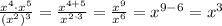 \frac{x^4\cdot x^5}{(x^2)^3} = \frac{x^{4+5}}{x^{2\cdot 3}} = \frac{x^9}{x^6} = x^{9-6}=x^3