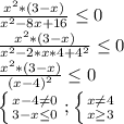 \frac{x^{2}*(3-x) }{x^{2} -8x+16} \leq 0\\\frac{x^{2}*(3-x) }{x^{2} -2*x*4+4^{2} } \leq 0\\\frac{x^{2}*(3-x) }{(x-4)^{2} } \leq 0\\\left \{ {{x-4\neq 0 } \atop {3-x\leq 0}} \right. ;\left \{ {{x\neq4 } \atop {x\geq 3 }} \right. \\