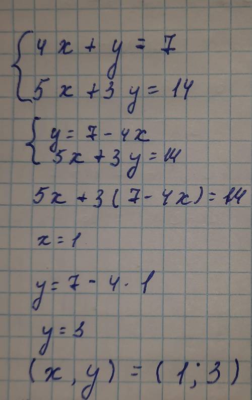 7. Розв'яжіть систему рівнянь4x+y=7,5x+3y=14.У відповідь записати суму розв'язків x+y​