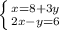 \left \{ {{x=8+3y} \atop {2x-y=6}} \right.