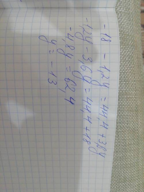 Решите уравнение. Оно легкое. −18−1,2y=44,4+3,6y.