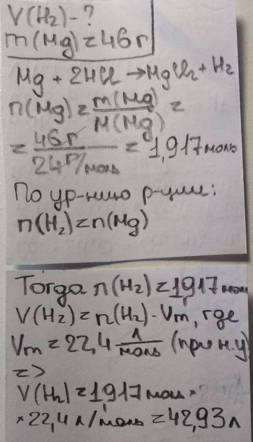 Ребятушки решитьКакой объем водорода выделится при взаимодействии 46г. магния с соляной кислотой? (н