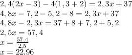 2,4(2x-3)-4(1,3+2)=2,3x+37\\4,8x-7,2-5,2-8=2,3x+37\\4,8x-2,3x=37+8+7,2+5,2\\2,5x=57,4\\x=\frac{57,4}{2,5} \\x=22.96