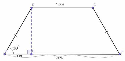 У рівнобедреній трапеції гострий кут дорівнює 30 см .Обчислити площу трапеції , якщо довжини її осно
