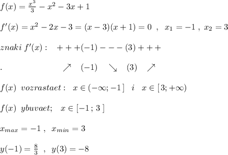 f(x)=\frac{x^3}{3}-x^2-3x+1\\\\f'(x)=x^2-2x-3=(x-3)(x+1)=0\; \; ,\; \; x_1=-1\; ,\; x_2=3\\\\znaki\; f'(x):\; \; \; +++(-1)---(3)+++\\\\.\qquad \qquad \qquad \; \; \; \nearrow\; \; \; (-1)\; \; \; \, \searrow \; \; \; (3)\; \; \; \nearrow \\\\f(x)\; \; vozrastaet:\; \; x\in (-\infty ;-1\, ]\; \; \; i\; \; \; x\in [\, 3;+\infty )\\\\f(x)\; \; ybuvaet ;\; \; \; x\in [-1\, ;\, 3\; ]\\\\x_{max}=-1\; ,\; \; x_{min}=3\\\\y(-1)=\frac{8}{3}\; \; ,\; \; y(3)=-8