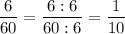 \displaystyle\frac{6}{60} =\frac{6:6}{60:6} =\frac{1}{10}