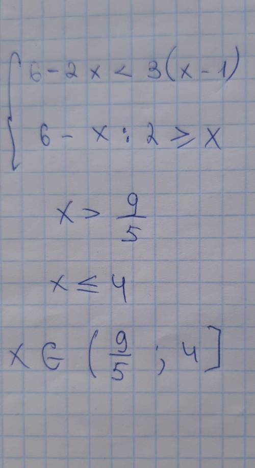 Решите систему неравенств 6-2x<3(х-1) 6- х/2≥х