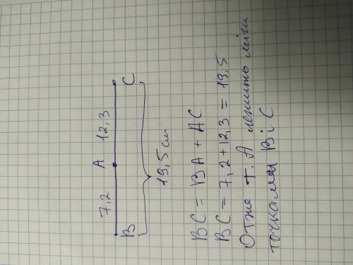 Чи може точка А лежати и між точками В і С якщо АС=12,3см ВА= 7, 2 ВС=19,5см. Відповідь обгрунтуйте​