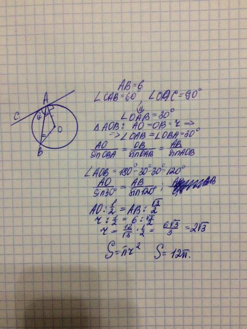 Касательная к окружности образует с хордой угол 60°. Найдите площадь круга, если известно, что хорда