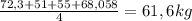 \frac{72,3+51+55+68,058}{4} =61,6 kg