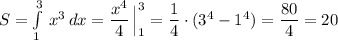 S=\int\limits^3_1\, x^3\, dx=\dfrac{x^4}{4}\, \Big|_1^3=\dfrac{1}{4}\cdot (3^4-1^4)=\dfrac{80}{4}=20