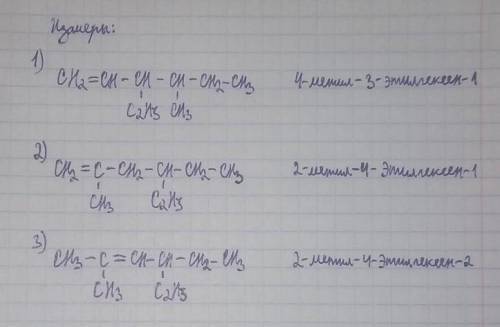 Составьте формулы трех изомеров 2,3,3,4-тетраметилпентена 1