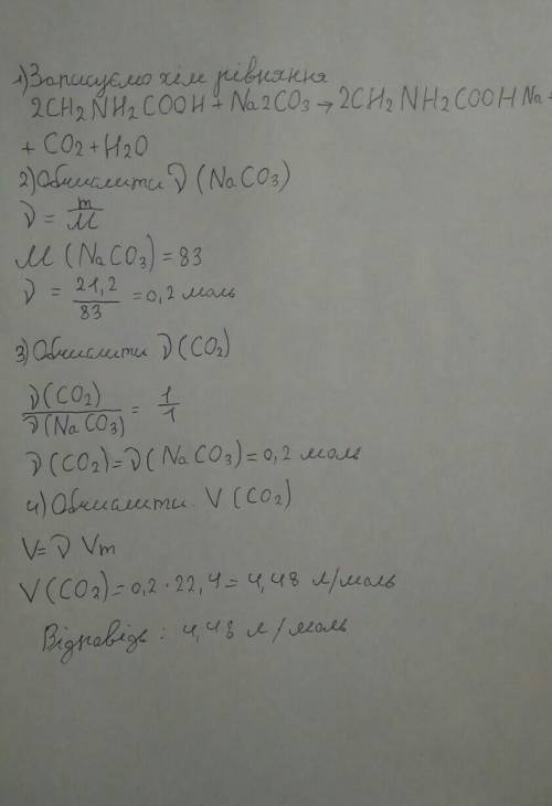 Обчисліть об'єм вуглегислого газу, який утворюється при взаємодії амінооцтової кислоти з натрій карб