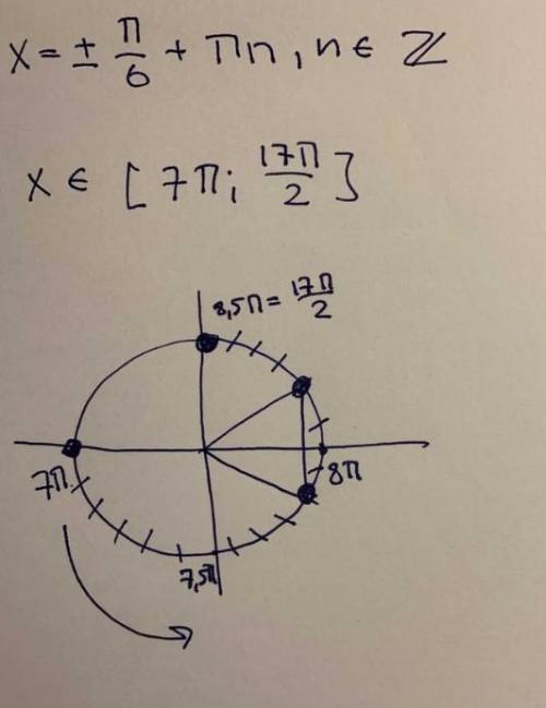 п/6 + пn, n∈Z, на промежутке [7π; 17π/2] с объяснением