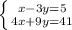 \left \{ {{x-3y=5} \atop {4x+9y=41}} \right.