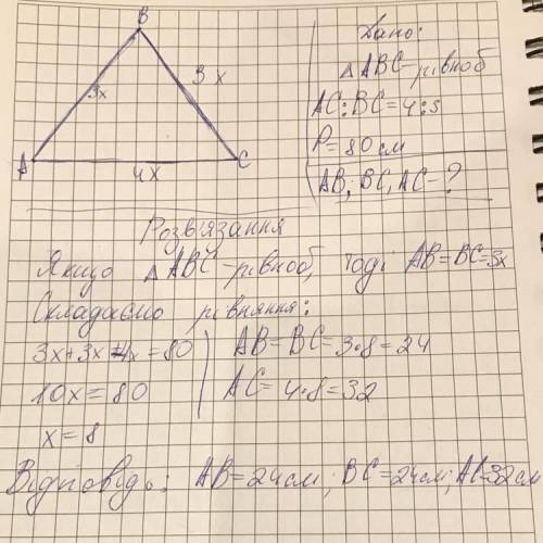 Основна та бична сторона ривнобедреного трикутника видносиця як 4:3, найдить сторони цого трикутника