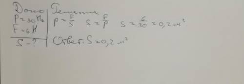 На крышку , закрывающую сосуд, газ оказывает давление в 30 Па,действуя на неё с силой 6Н .Какова пло