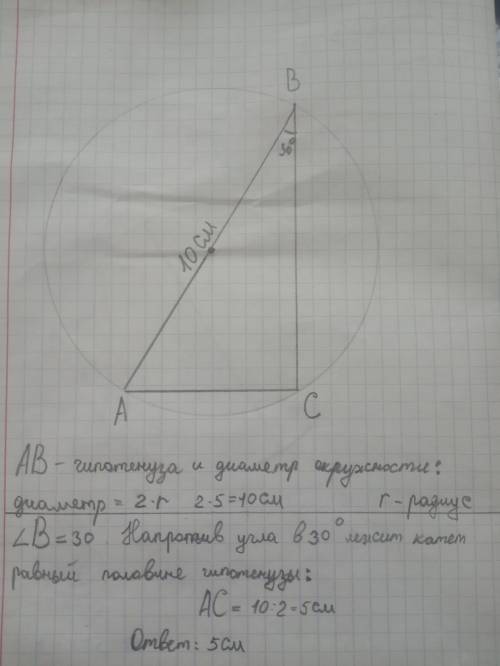 Прямокутний трикутник з кутом 30 градусів вписано у коло радіуса 5 см. Знайдіть найменшу сторону три