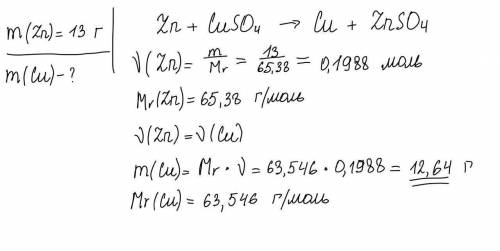 Решите задачу. Цинковую пластину массой 13г опустили в раствор сульфата меди (II). Вычислите массу в
