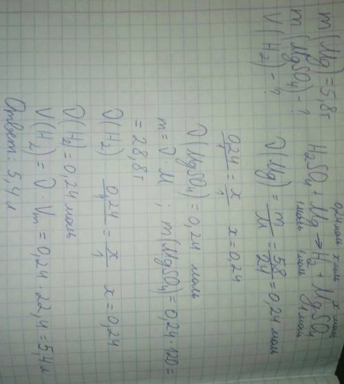 Разведенная серная кислота прореагировала с магнием, массой 5,8 г. Вычислить массу образованной соли