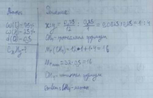 Определите молекулярную формулу вещества, если состав: С-75%, Н-25%, плотность по кислороду равно 0,