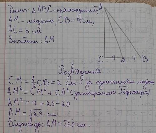 Катети прямокутного трикутника дорівнює 4 см і 5 см знайдіть довжину медіана трикутника що проведена