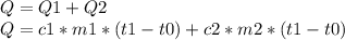 Q = Q1 + Q2\\Q = c1*m1*(t1-t0) + c2*m2*(t1-t0)