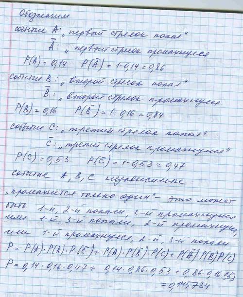 Три стрелка выстрелили одновременно по одной цели. Вероятность попадания первым стрелком равна 0.14,