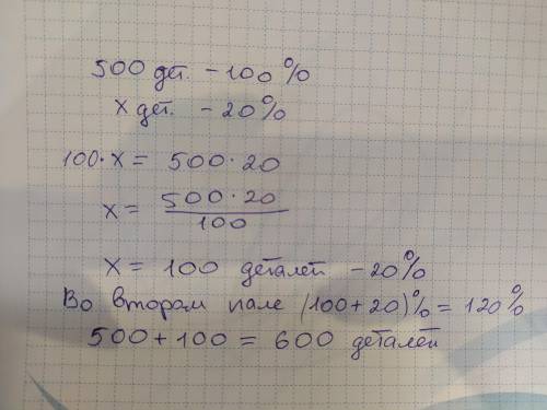В первом пале 500 деталей, а во втором на 20% больше. Сколько деталей во втором пале?​