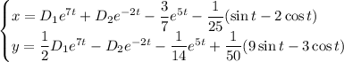 \begin{cases} x=D_1e^{7t}+D_2e^{-2t}-\dfrac{3}{7} e^{5t}-\dfrac{1}{25} (\sin t-2\cos t) \\ y=\dfrac{1}{2} D_1e^{7t}-D_2e^{-2t}-\dfrac{1}{14}e^{5t}+\dfrac{1}{50} (9\sin t-3\cos t)\end{cases}