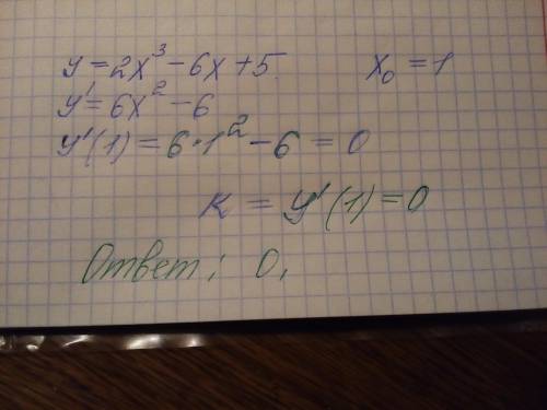 Найдите угловой коэффициент касательной к графику функции y=2x³-6x+5; x0=1